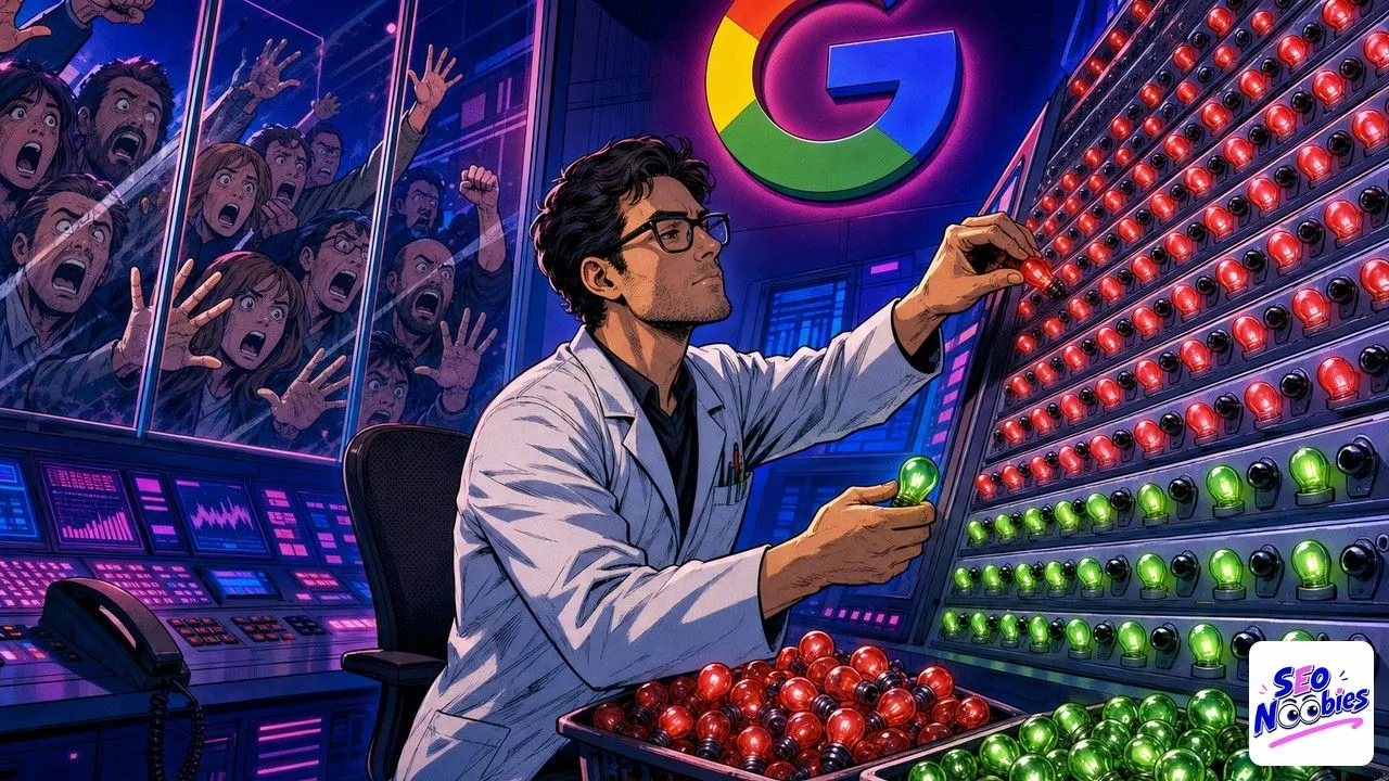 Erreurs Search Console : un technicien remplace des voyants rouges par des verts devant des propriétaires paniqués