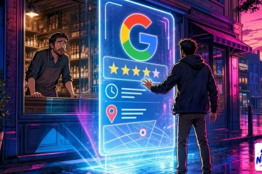 Google AI Mode showing a holographic Google listing between a worried shopkeeper and a customer