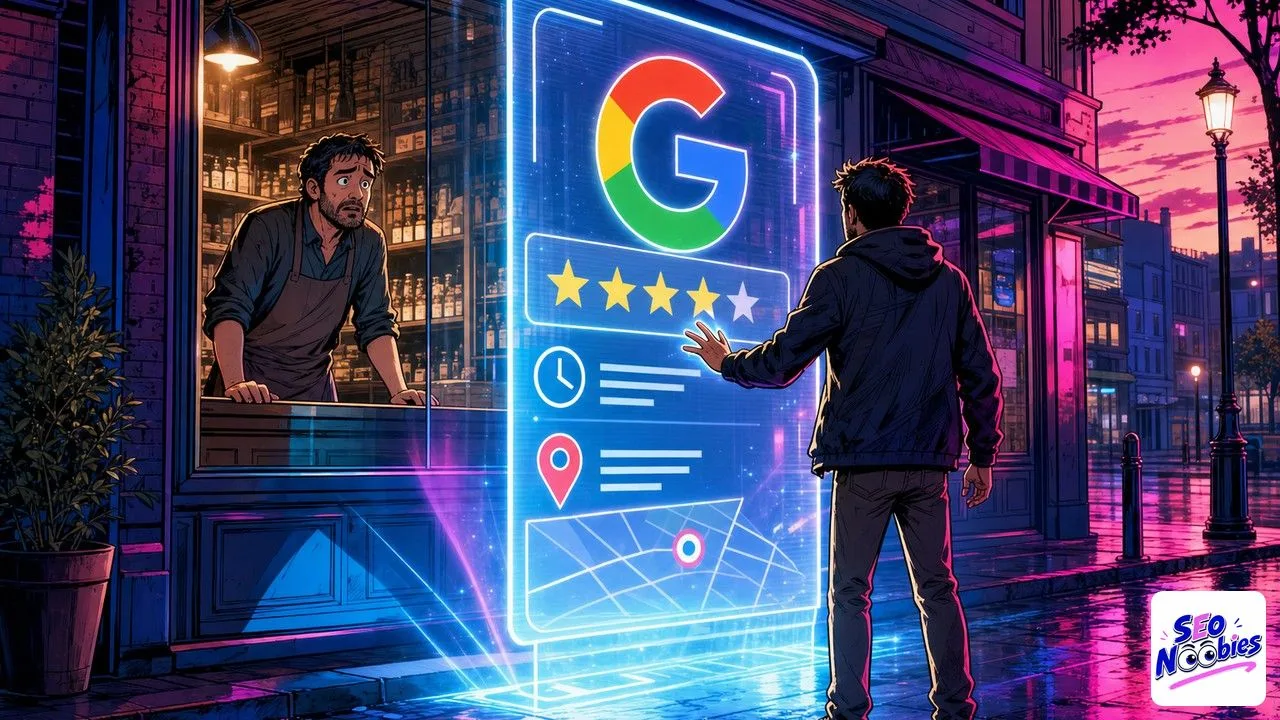 Google AI Mode showing a holographic Google listing between a worried shopkeeper and a customer