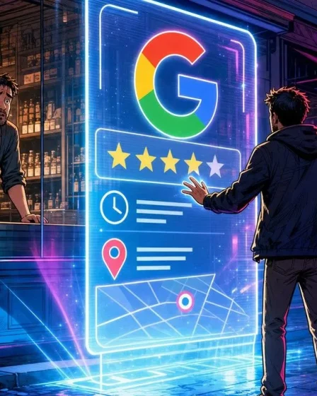 Google AI Mode affichant une fiche Google holographique entre un commerçant inquiet et son client