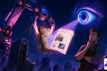 AI search reviving an old newspaper dug up by a robotic arm under a holographic eye