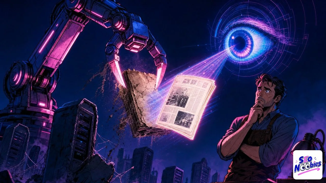 AI search reviving an old newspaper dug up by a robotic arm under a holographic eye