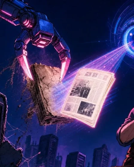 Recherche IA ressuscitant un vieux journal déterré par un bras robotique sous un œil holographique