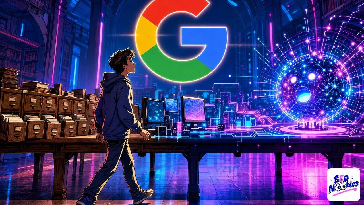 Frise des updates Google, du logo Google aux AI Overviews, de la recherche par mots-clés à la réponse IA