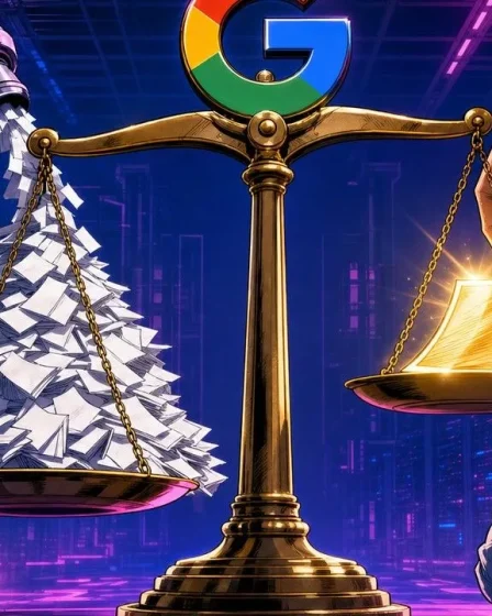 AI content judged by a giant scale weighing industrial pages against one golden page under the Google logo