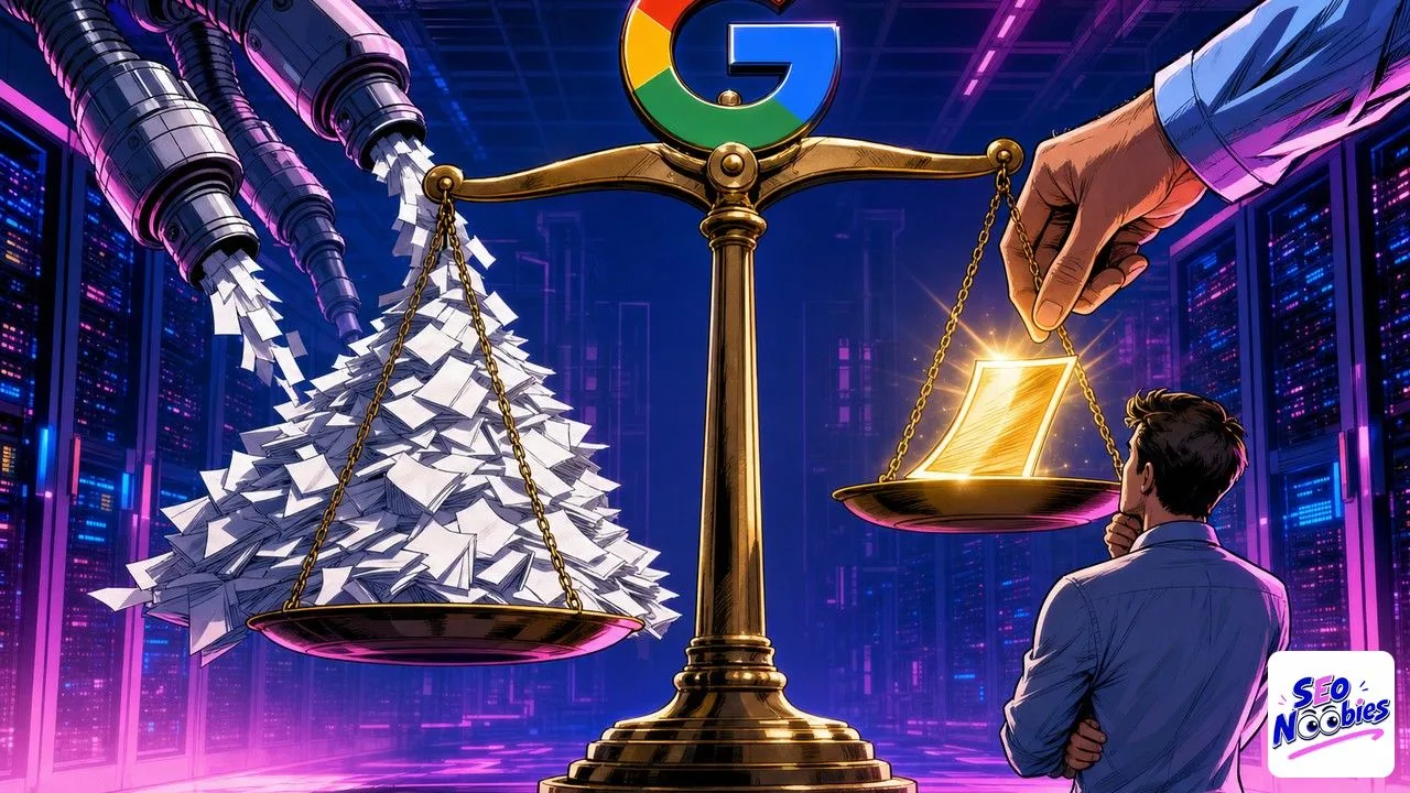 AI content judged by a giant scale weighing industrial pages against one golden page under the Google logo