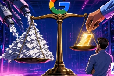 Contenu IA jugé par une balance géante entre pages industrielles et page dorée sous le logo Google