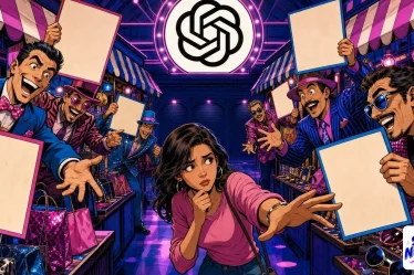 ChatGPT ads shown as market traders waving blank boards at a hesitant shopper in a covered arcade