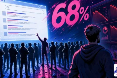 Illustration bande dessinée d'un moteur de recherche affichant 68 % de zero clicks avec des IA génératives autour