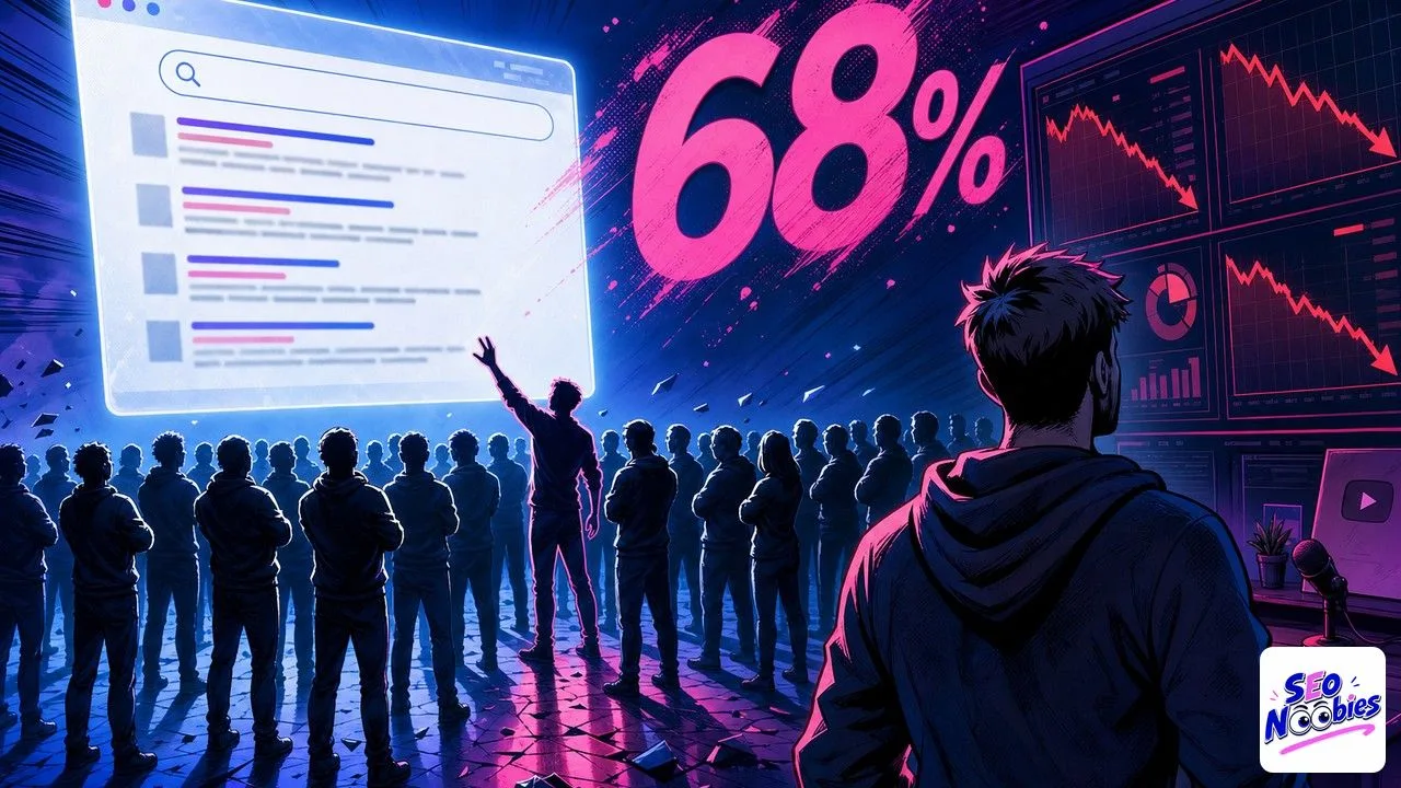 Illustration bande dessinée d'un moteur de recherche affichant 68 % de zero clicks avec des IA génératives autour