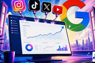 Search Console tableau de bord ouvert connecté aux comptes Instagram TikTok X YouTube avec logo Google en arrière-plan