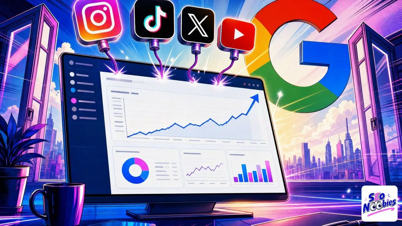 Search Console tableau de bord ouvert connecté aux comptes Instagram TikTok X YouTube avec logo Google en arrière-plan