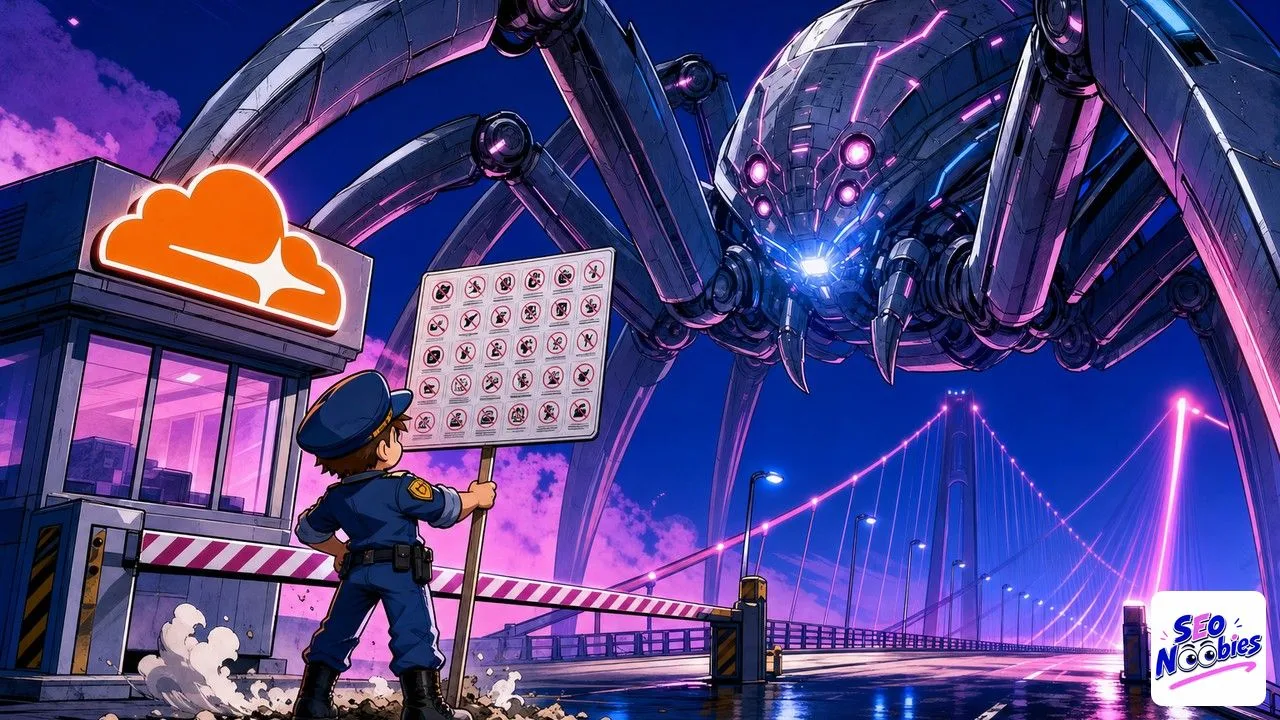 Robots.txt shown as a Cloudflare guard planting a sign a giant crawler robot steps right over