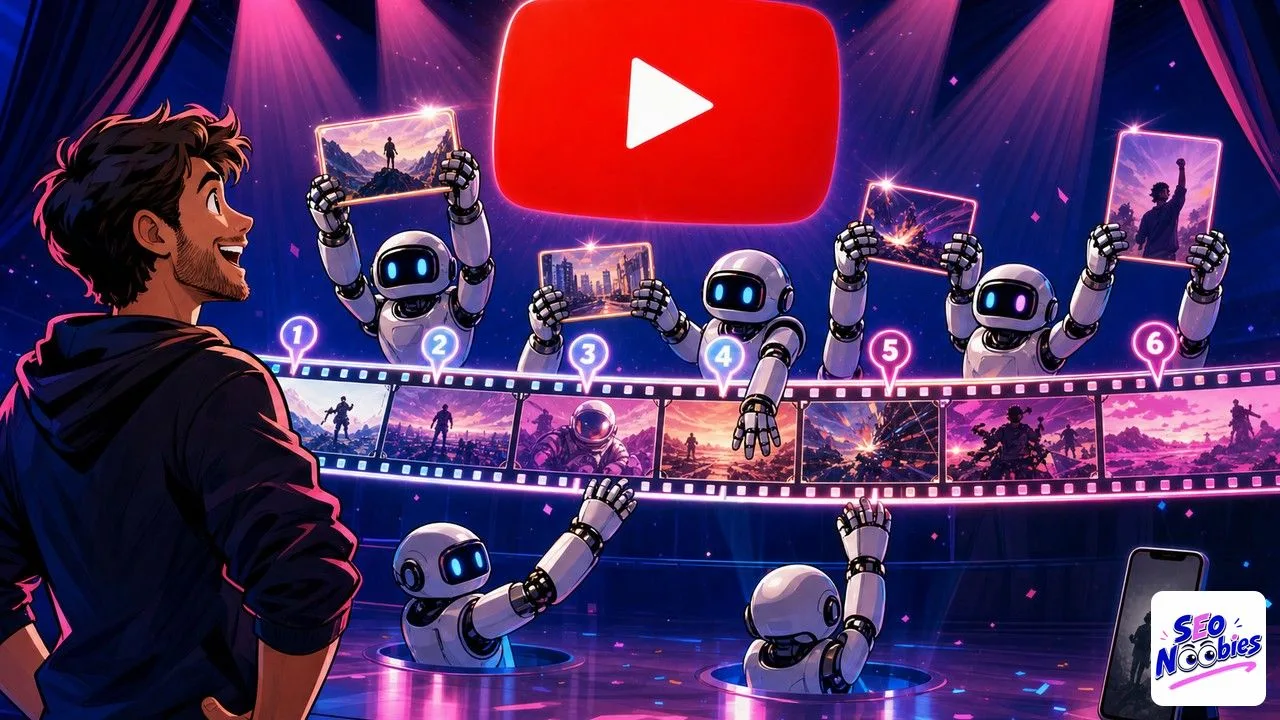 vidéo YouTube : des mains d'IA extraient des instants d'une longue pellicule à chapitres numérotés
