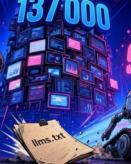 Navy blue and pink SEO Noobies illustration showing a root llms.txt file ignored by generative AI crawlers, with the numbers 137,000 and 97 percent overlaid