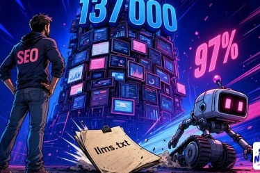 Illustration bleu marine et rose SEO Noobies représentant un fichier llms.txt racine ignoré par les crawlers d'IA génératives, chiffre 137 000 et pourcentage 97 en surimpression
