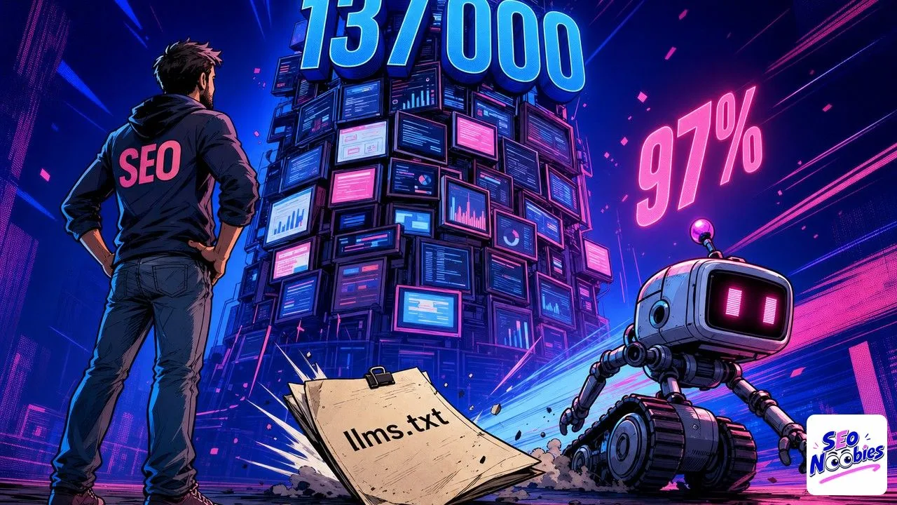 Illustration bleu marine et rose SEO Noobies représentant un fichier llms.txt racine ignoré par les crawlers d'IA génératives, chiffre 137 000 et pourcentage 97 en surimpression