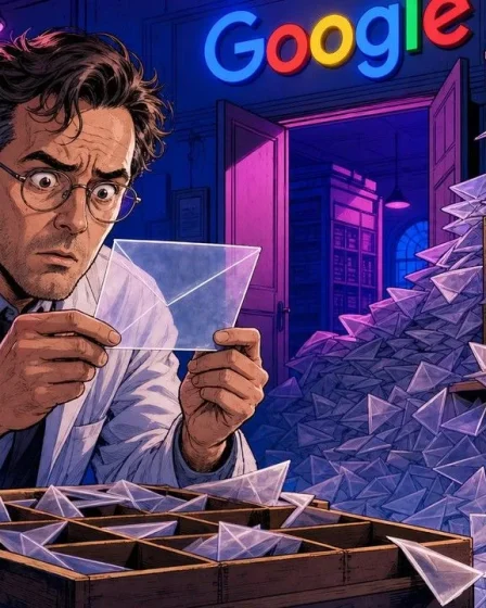 Requêtes AI Mode : un archiviste examine une enveloppe vide au milieu d'un casier débordant