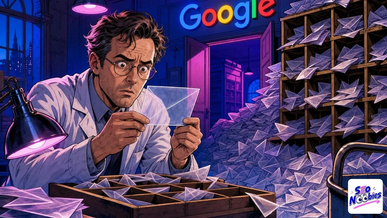 Requêtes AI Mode : un archiviste examine une enveloppe vide au milieu d'un casier débordant