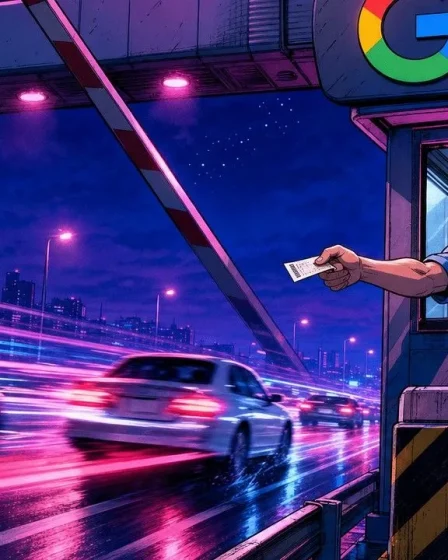 AI Overviews in France pictured as a Google toll booth cars speed through without stopping