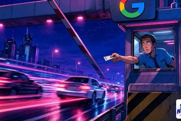 AI Overviews en France figurés par un péage Google que les voitures franchissent sans s'arrêter