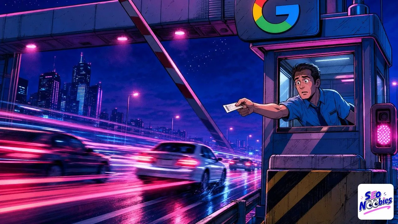 AI Overviews en France figurés par un péage Google que les voitures franchissent sans s'arrêter