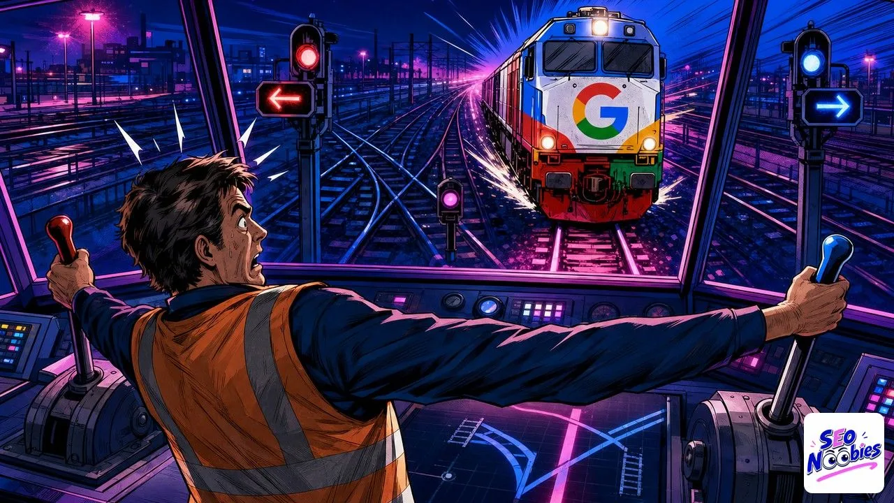 Canonical tag shown as a signalman holding two opposite levers before a Google train