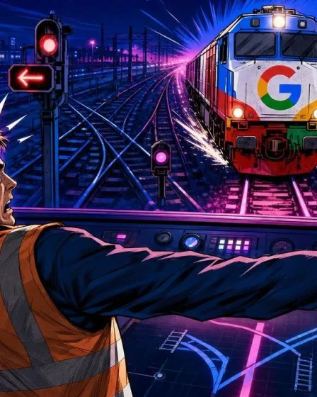 Balise canonical illustrée par un aiguilleur tenant deux leviers opposés devant un train Google