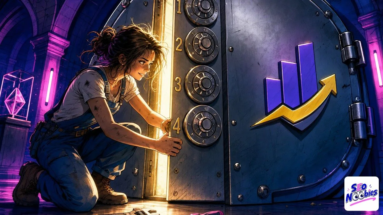 Rank Math setup shown as a vault with four dials finally opening