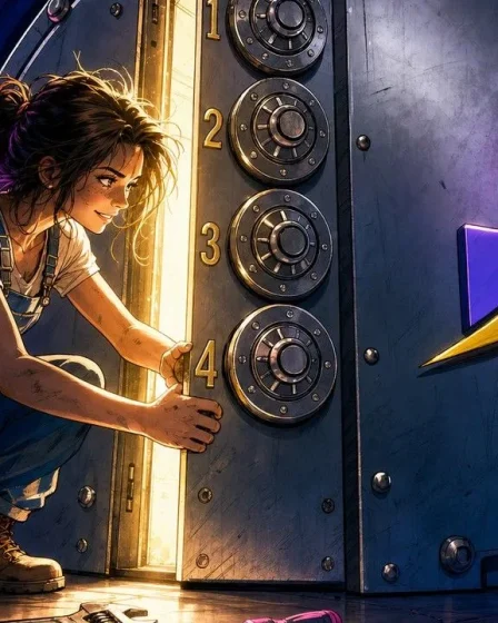 Configurer Rank Math illustré par un coffre-fort à quatre molettes qui s'entrouvre
