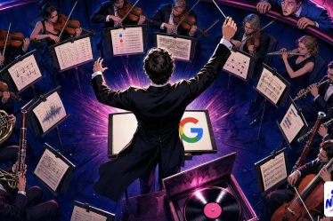 Query fan out illustré par un chef d'orchestre Google lançant dix partitions différentes