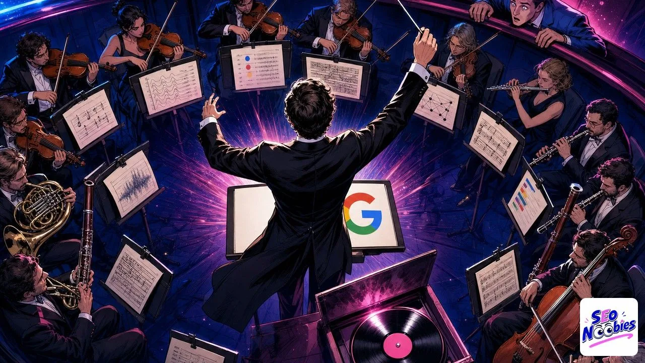 Query fan out illustré par un chef d'orchestre Google lançant dix partitions différentes