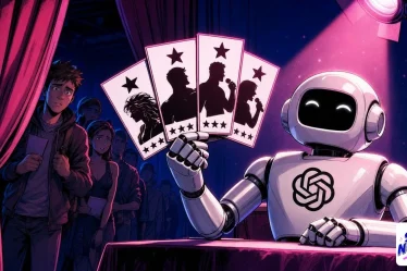 ChatGPT recommendations pictured as a robot judge holding filled casting cards before the curtain rises