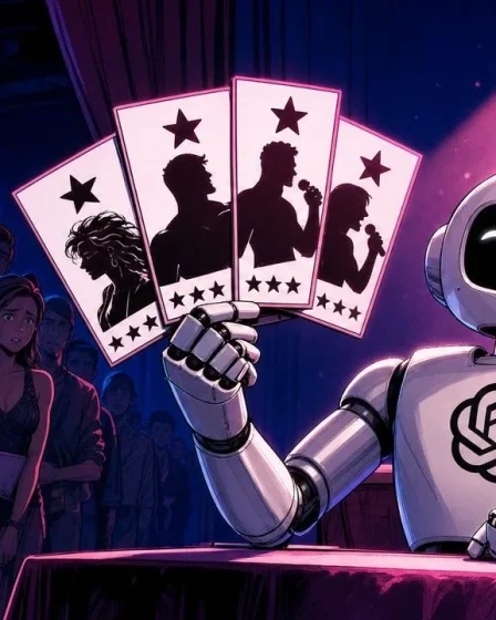 Recommandations ChatGPT symbolisees par un robot jury tenant ses cartons remplis avant l'ouverture du rideau