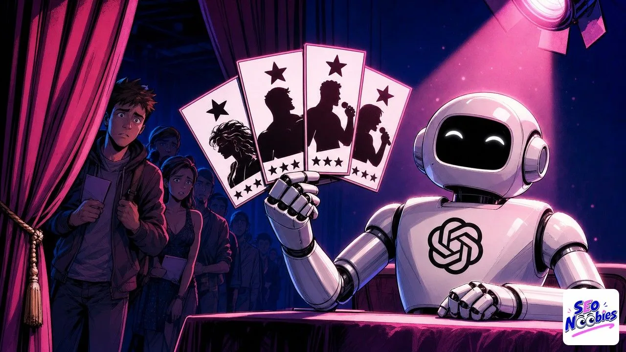 Recommandations ChatGPT symbolisees par un robot jury tenant ses cartons remplis avant l'ouverture du rideau