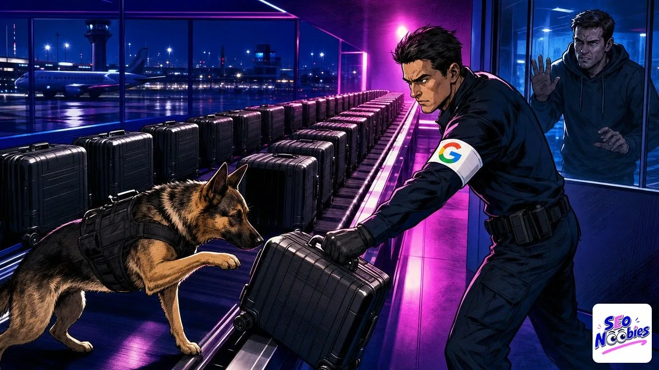 Spam update pictured as a customs dog stopping one suitcase on a moving belt