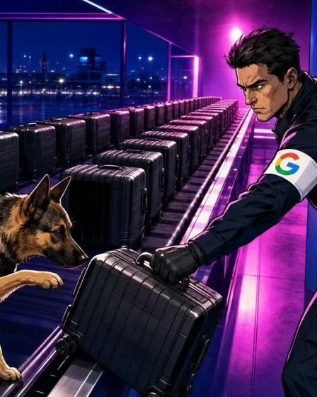Spam update illustrée par un chien de douane qui bloque une seule valise sur un tapis