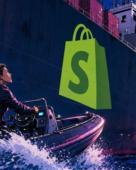 AI referrals shown as a speedboat racing a huge Shopify cargo ship at dusk