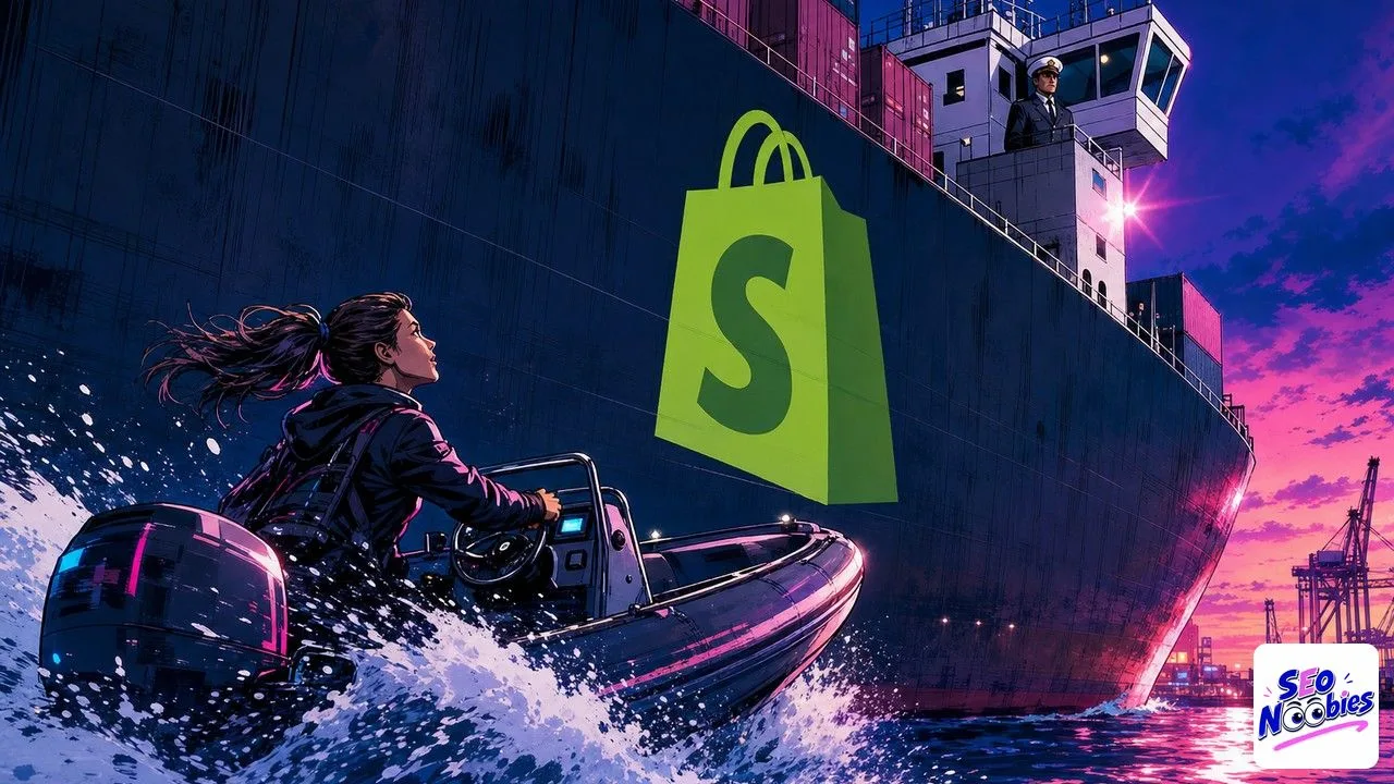 AI referrals shown as a speedboat racing a huge Shopify cargo ship at dusk