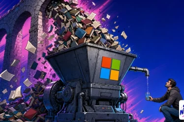 Microsoft Clarity illustré par un aqueduc de livres et un filet d'eau tombant dans un verre