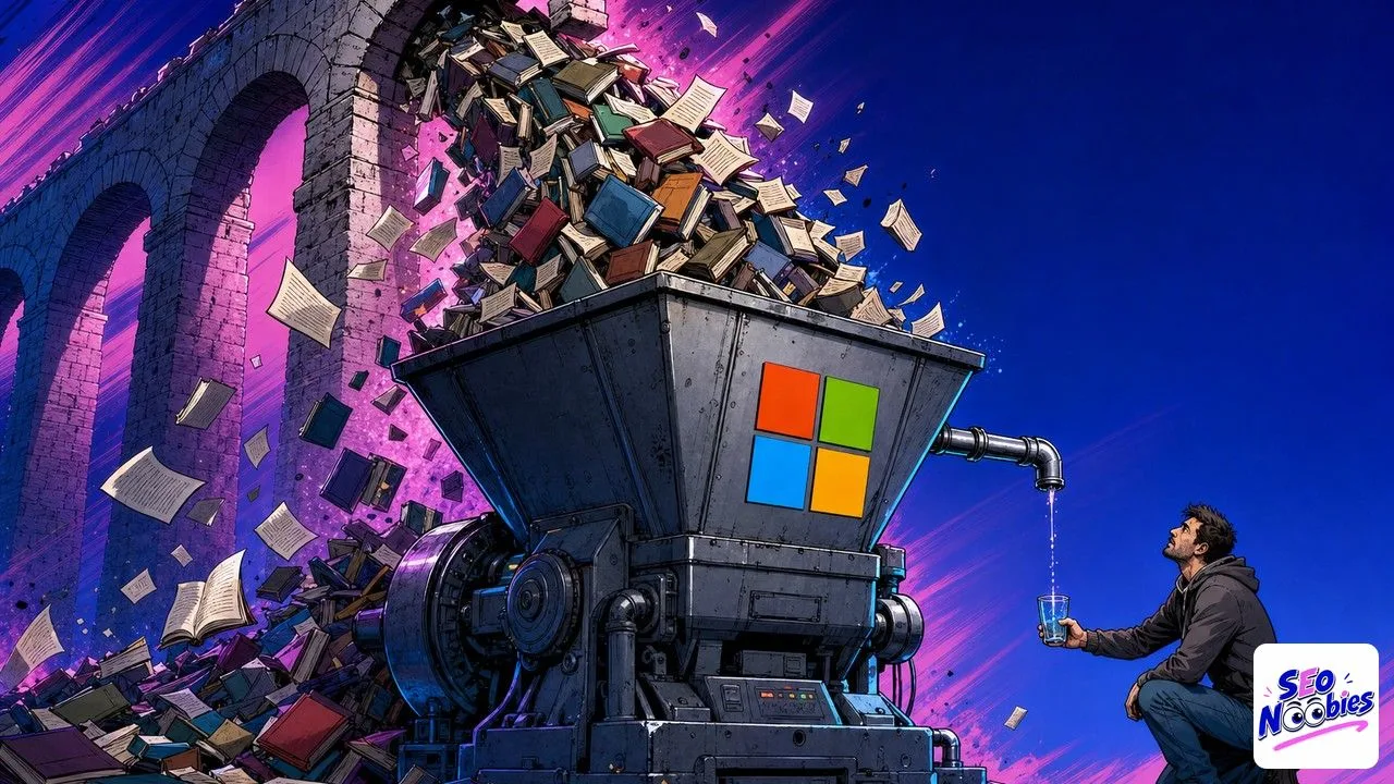 Microsoft Clarity illustré par un aqueduc de livres et un filet d'eau tombant dans un verre