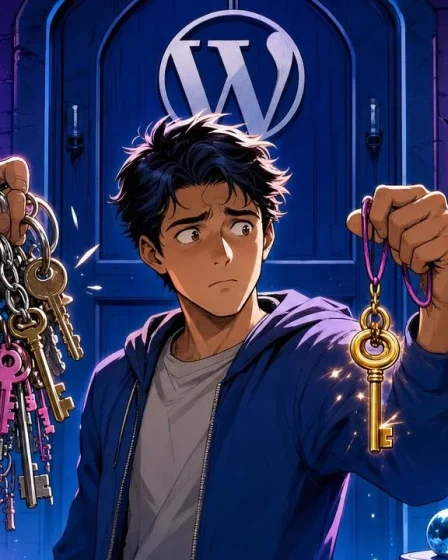 Rank Math vs Yoast shown as a beginner torn between an overloaded keyring and one golden key