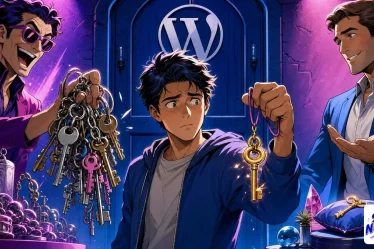 Rank Math vs Yoast illustre par un debutant hesitant entre un trousseau surcharge et une cle doree