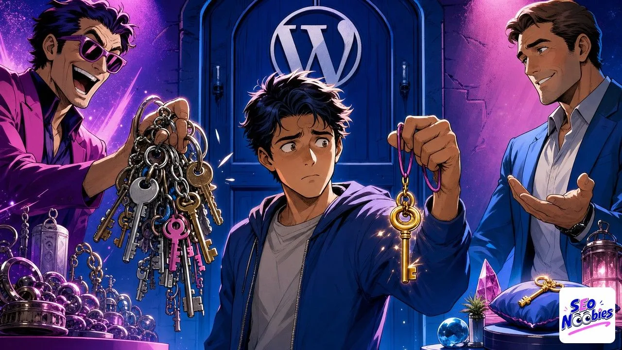 Rank Math vs Yoast illustre par un debutant hesitant entre un trousseau surcharge et une cle doree