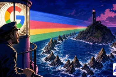 Google Search Console illustrée par un gardien de phare éclairant les récifs autour de son île
