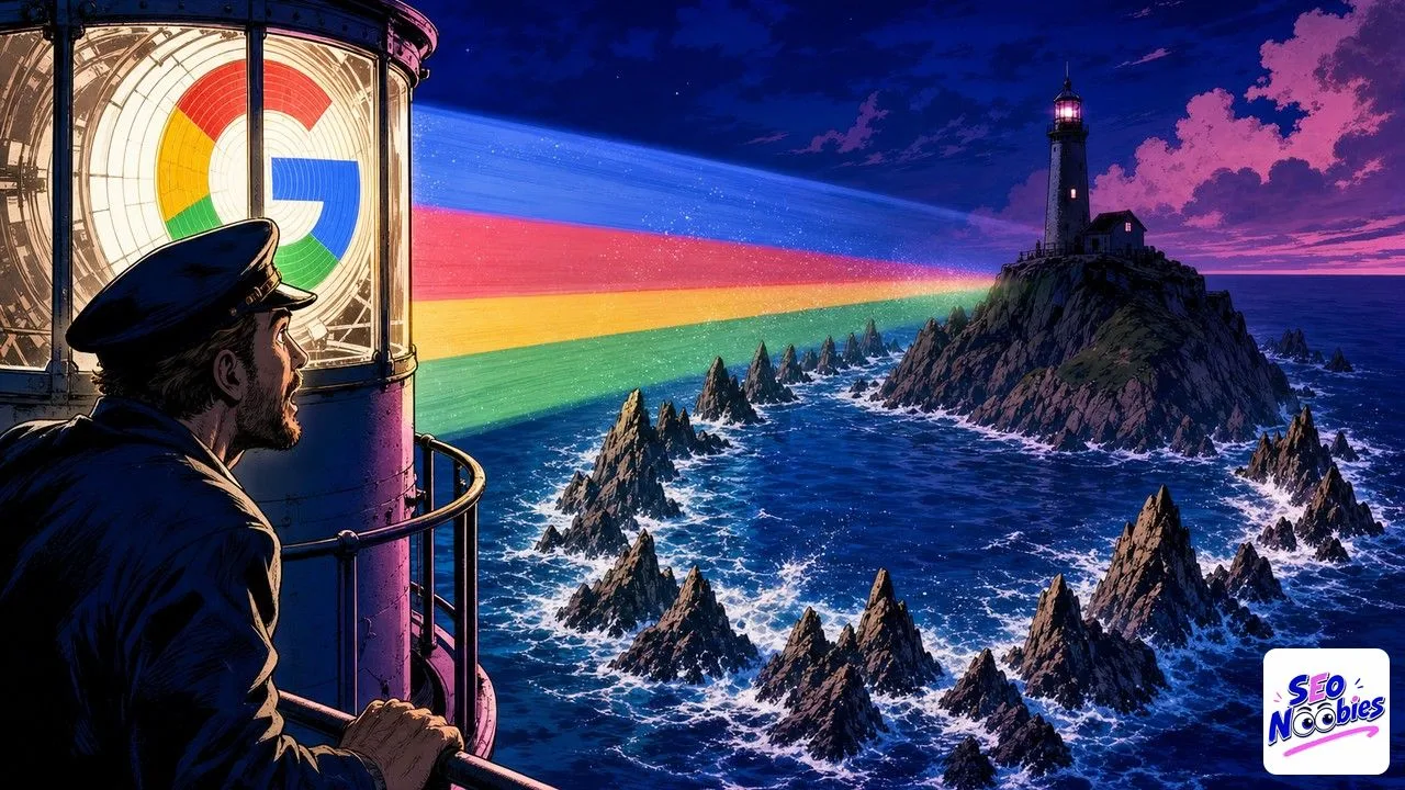 Google Search Console illustrée par un gardien de phare éclairant les récifs autour de son île