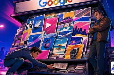 Google results page buried under posters while a reader digs for the real newspaper below