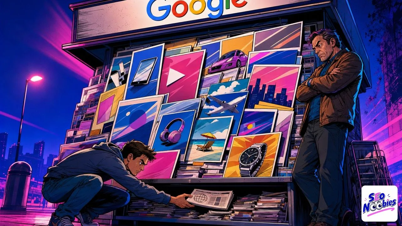 Google results page buried under posters while a reader digs for the real newspaper below