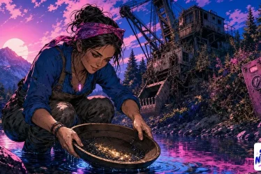 AI citations pictured as a prospector panning gold flakes beside an idle mining dredge