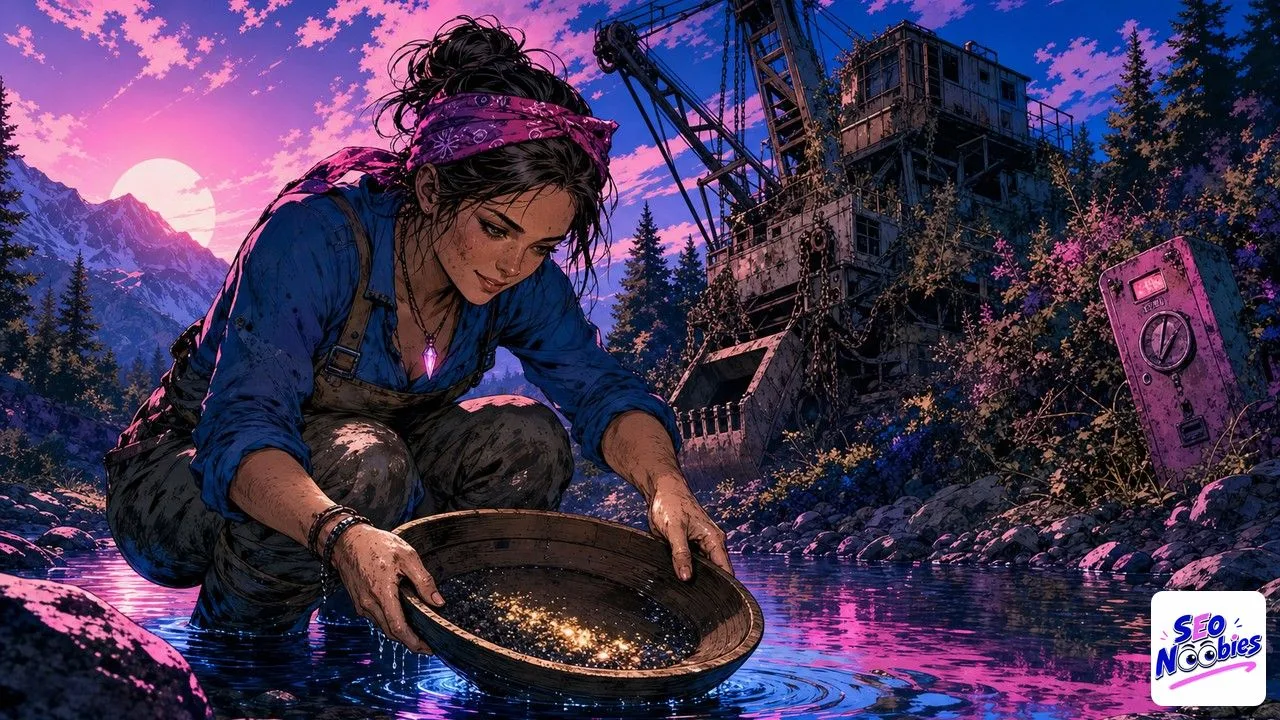 AI citations pictured as a prospector panning gold flakes beside an idle mining dredge